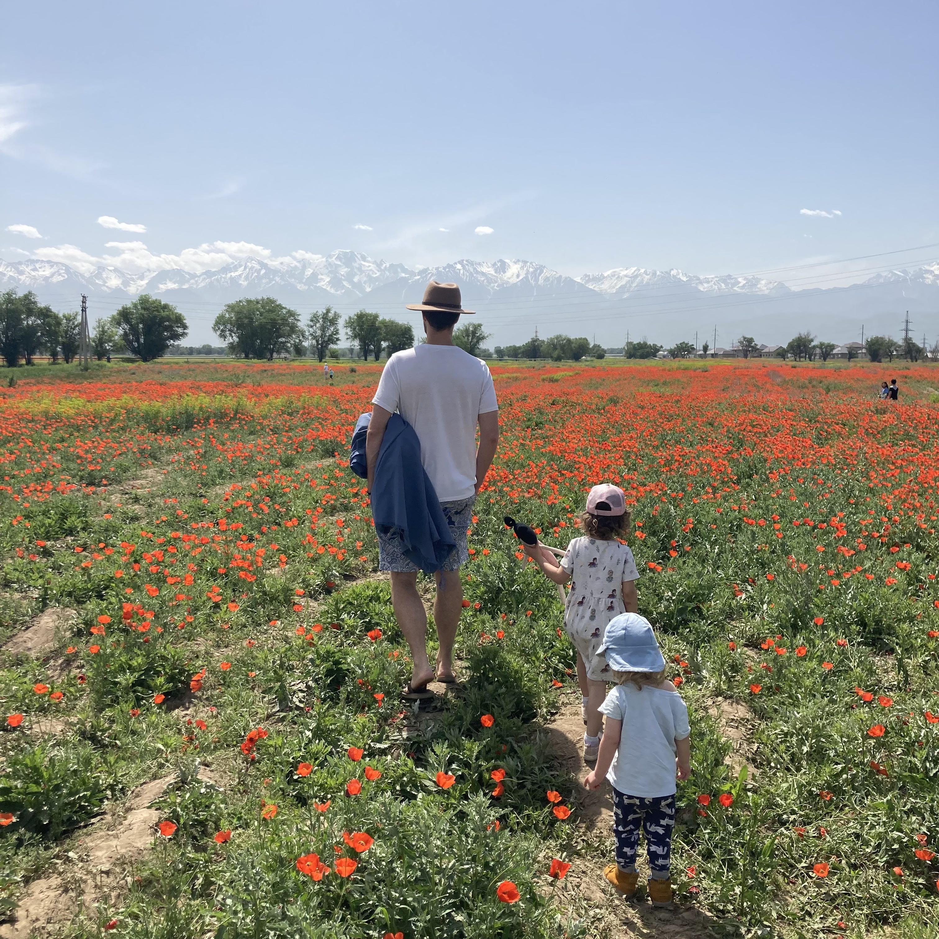 A man and two children wander across a field of poppies with the majestic Teen Shan mountain range in the distance