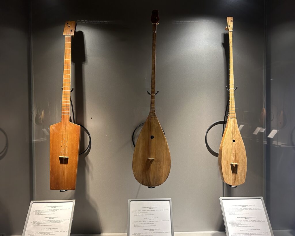 Three dombras housed in the Museum of Musical Instruments in Almaty