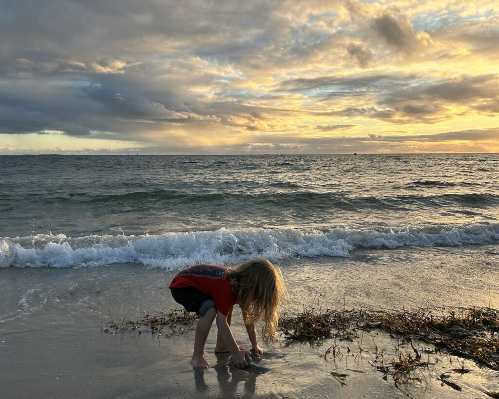 A photo of a small child playing on an Australian beach at sunset