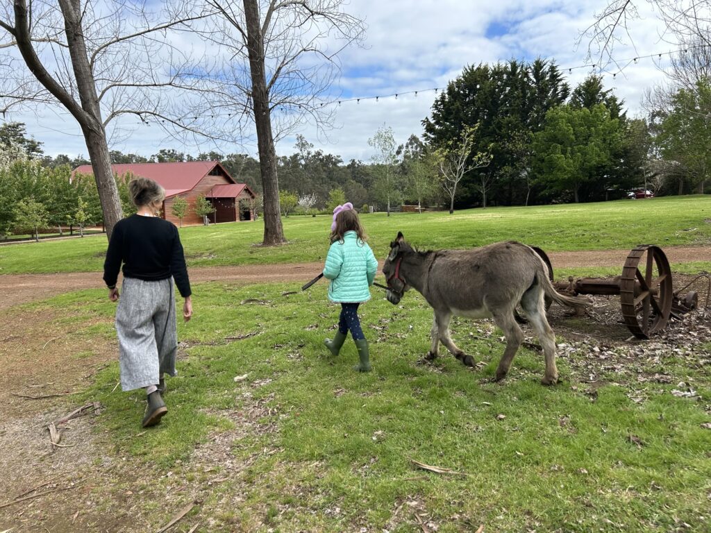 A woman and a small girl walk a donkey at Clover Cottage Manjimup