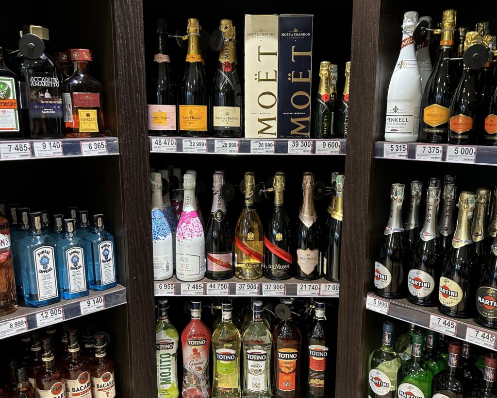 A photo of the alcohol selection at Interfood in Almaty Kazakhstan
