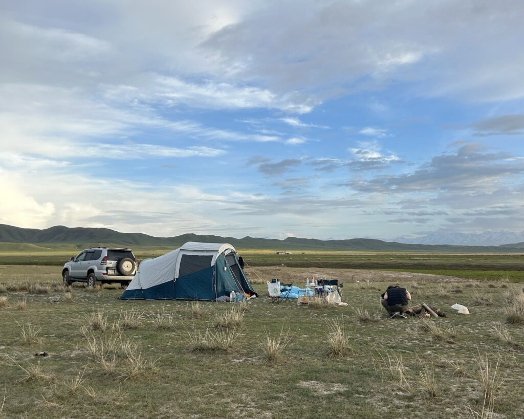 A photo of a campsite with a 4wd in the background